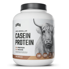 Levels Nutrition chocolate micellar casein bottle pour for smooth protein delivery.