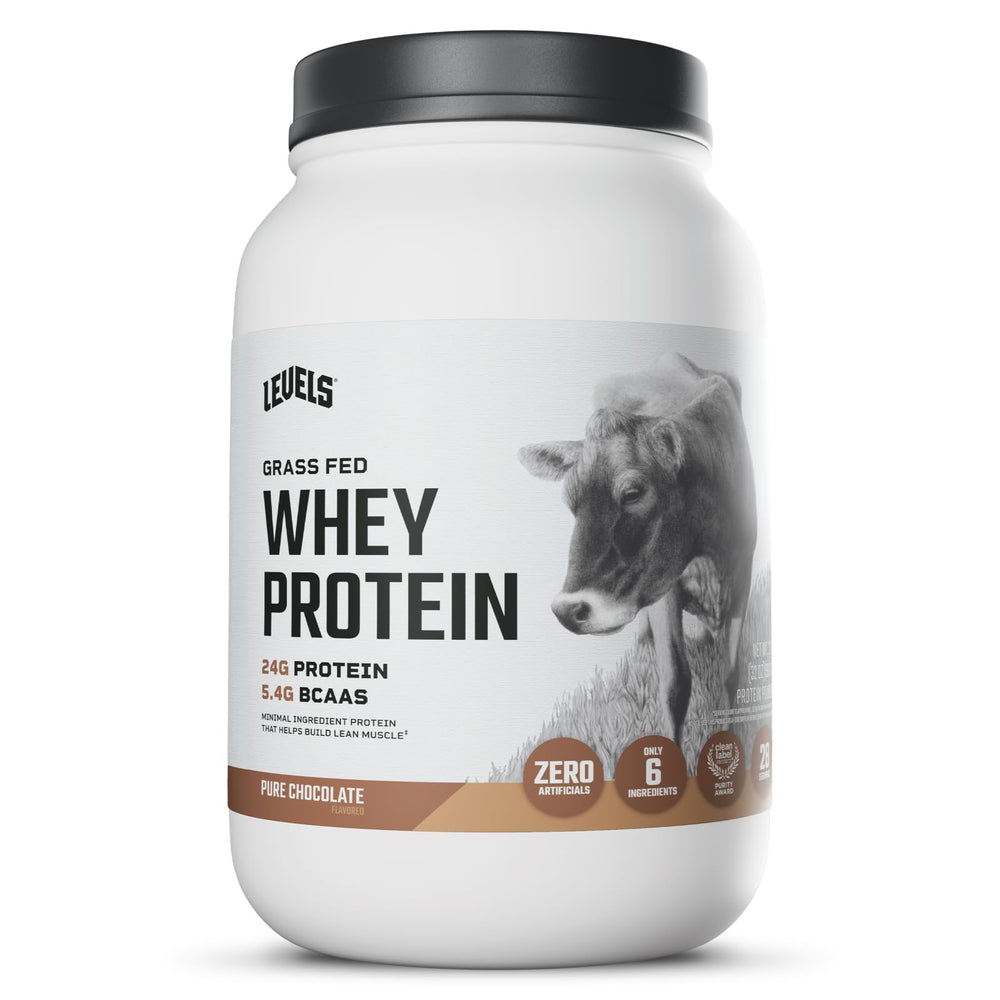 Levels Grass Fed Whey Powder chocolate container shows clean ingredients for daily protein.