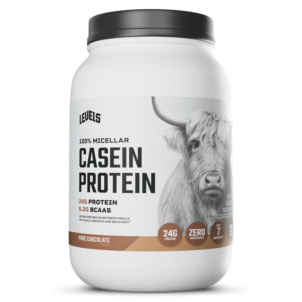 Levels Nutrition chocolate casein bottle highlights hormone-free protein for overnight support