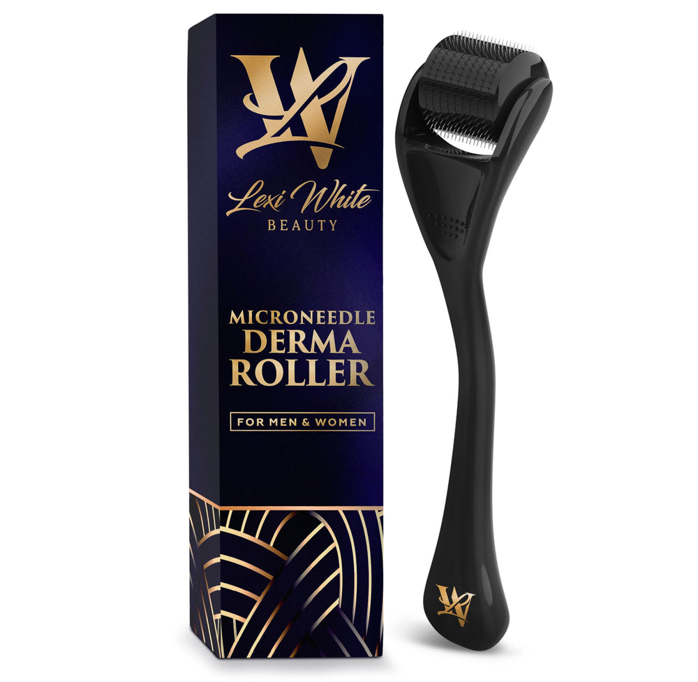 Lexi White Beauty derma roller on face for at‑home microneedling benefits