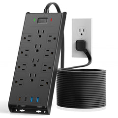 LeZone surge protector with 12 outlets, front view, ideal for a busy workspace.