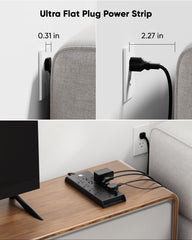 LeZone surge protector flat plug close-up showing space-saving design behind furniture.