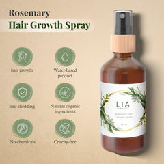 Lia Organics Rosemary Water Spray with rosemary leaves for scalp refresh.