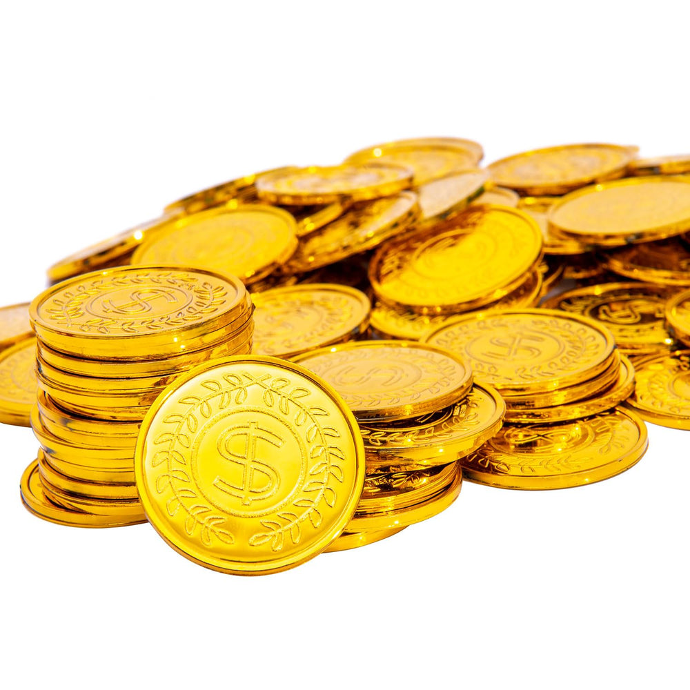 Liatunou gold coins 100pcs pack for treasure hunts and party decor.