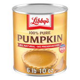 Libby’s canned pumpkin 6 lb 10 oz can on a pantry shelf, ideal for pies.