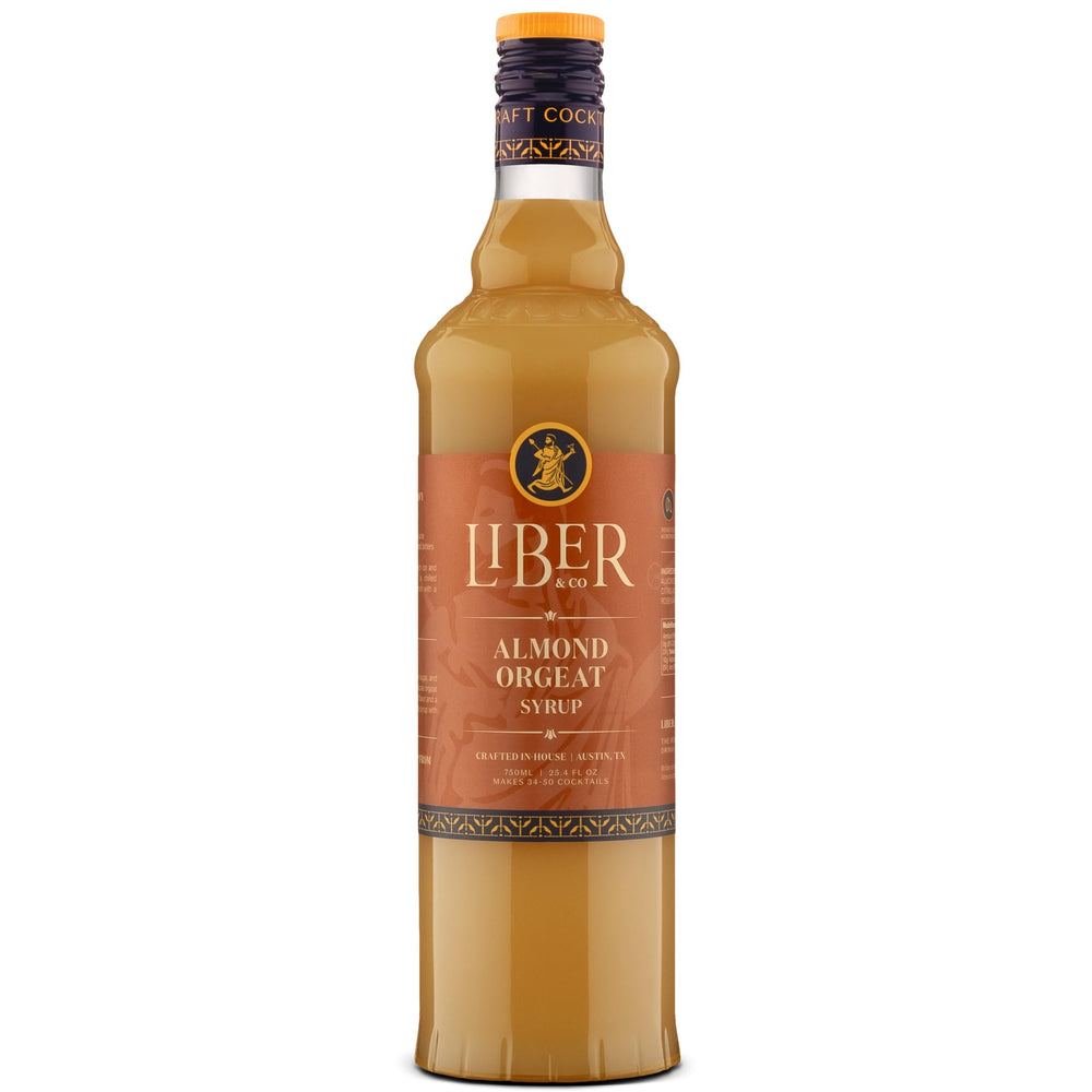 Liber & Co. almond orgeat bottle delivers authentic almond flavor for tiki cocktails.