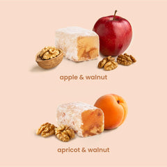 Liberty Orchards Turkish Delight texture close-up, soft bites with apricot and walnut.