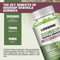 Lickshine soursop gummies bottle close-up showing 3000mg extract and vitamin C