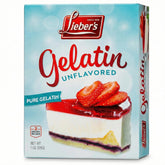 Lieber's unflavored gelatin box with two packets for versatile thickening and sugar-free recipes.