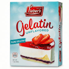 Lieber's unflavored gelatin box with two packets for versatile thickening and sugar-free recipes.