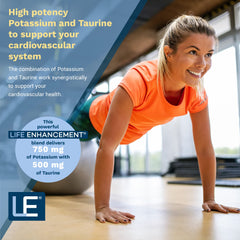 Life Enhancement Cardio capsules close-up highlighting potassium-rich formula.