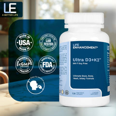 Life Enhancement Vitamin D3 K2 2000iu packaging on counter for daily routine.
