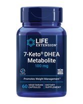 Life Extension 7-Keto DHEA bottle front shows non-GMO formulation for healthy weight support.