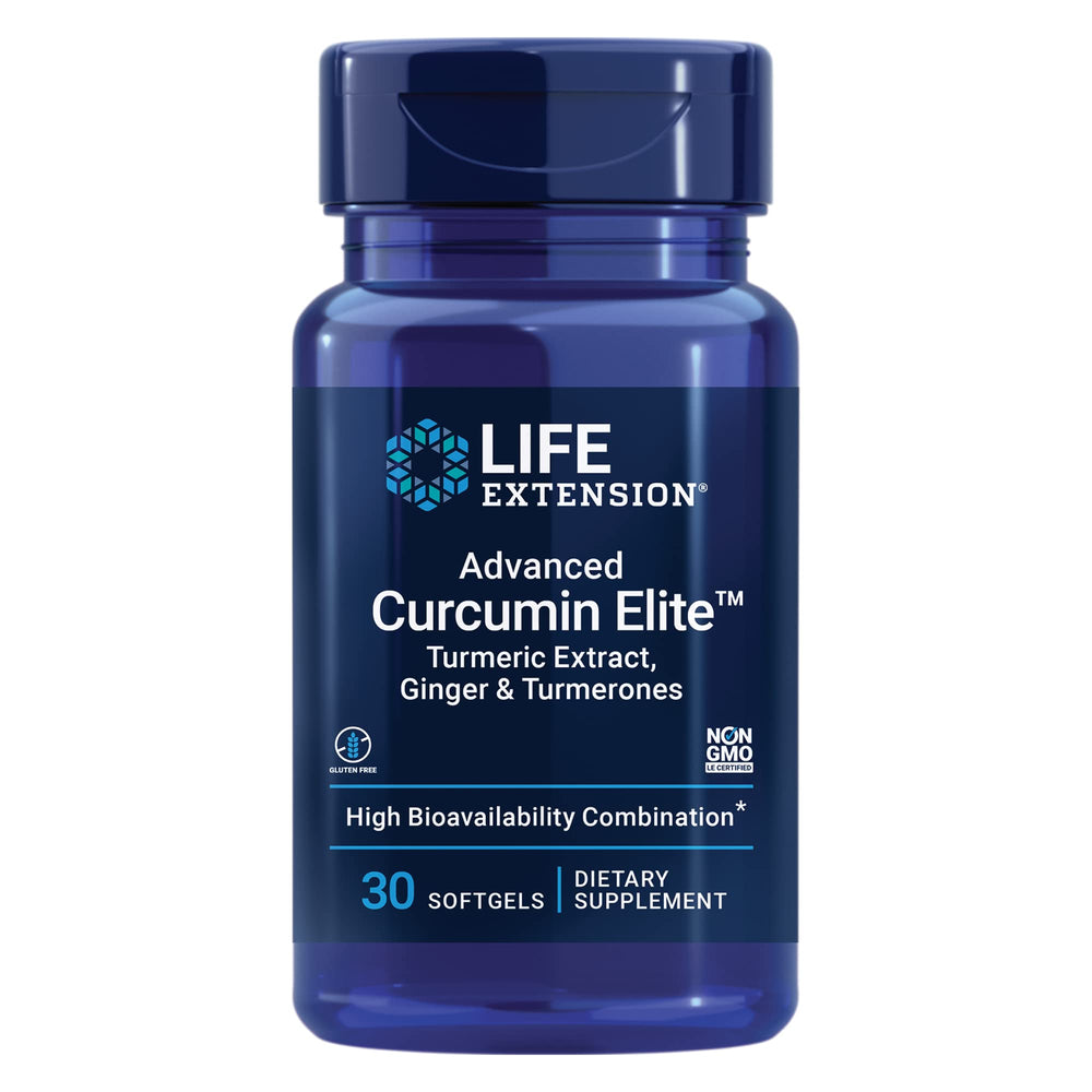 Life Extension Advanced Curcumin Elite bottle front highlights the turmeric blend for inflammation support.