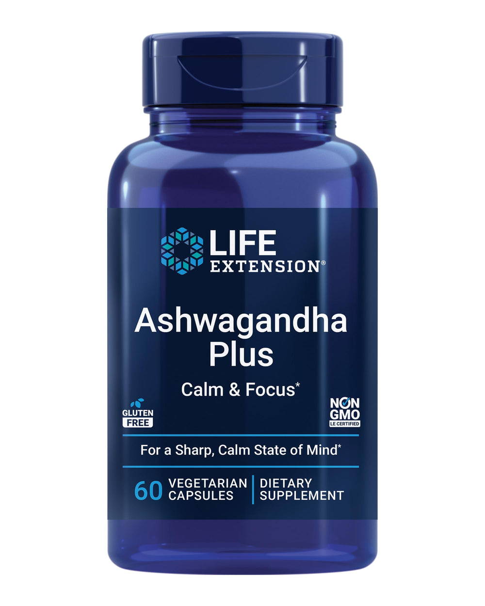Life Extension Ashwagandha Plus bottle-front promotes calm focus.
