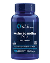 Life Extension Ashwagandha Plus bottle-front promotes calm focus.