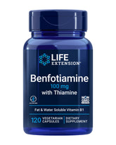 Life Extension Benfotiamine bottle front with non-GMO and gluten-free labeling for metabolism support.