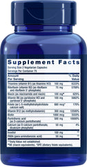 Life Extension BioActive Complete B-Complex bottle label showing full B vitamin spectrum and vegetarian formula.
