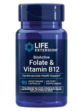 Life Extension BioActive Folate B12 bottle label showing non-GMO and gluten-free vitamins.
