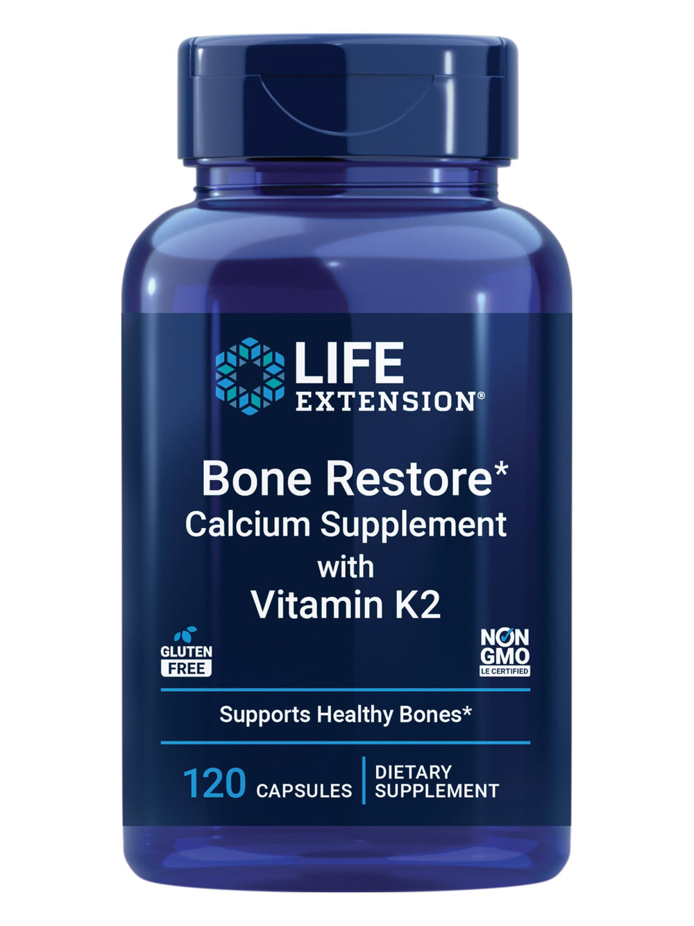 Life Extension Bone Restore bottle and capsules showing bone support in use.