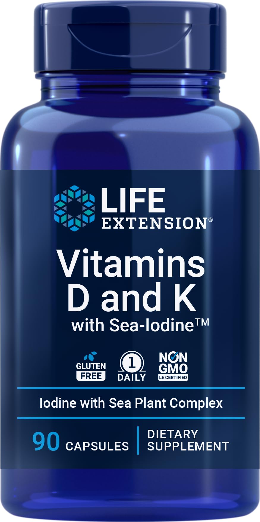 Life Extension D and K with Sea-Iodine bottle on white, supports daily nutrient balance.