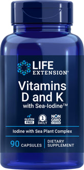 Life Extension D and K with Sea-Iodine bottle on white, supports daily nutrient balance.
