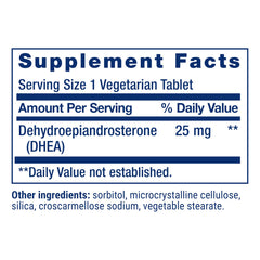 Life Extension DHEA 25 mg bottle close-up showing packaging and label.