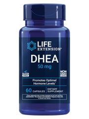 Life Extension DHEA 50 mg bottle showing the hormone balance label.