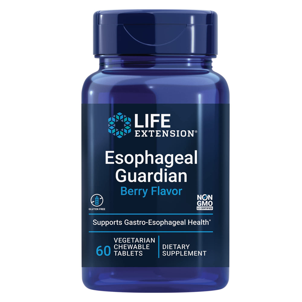 Life Extension Esophageal Guardian tablets shown, berry-flavored chewables for easy daily relief.