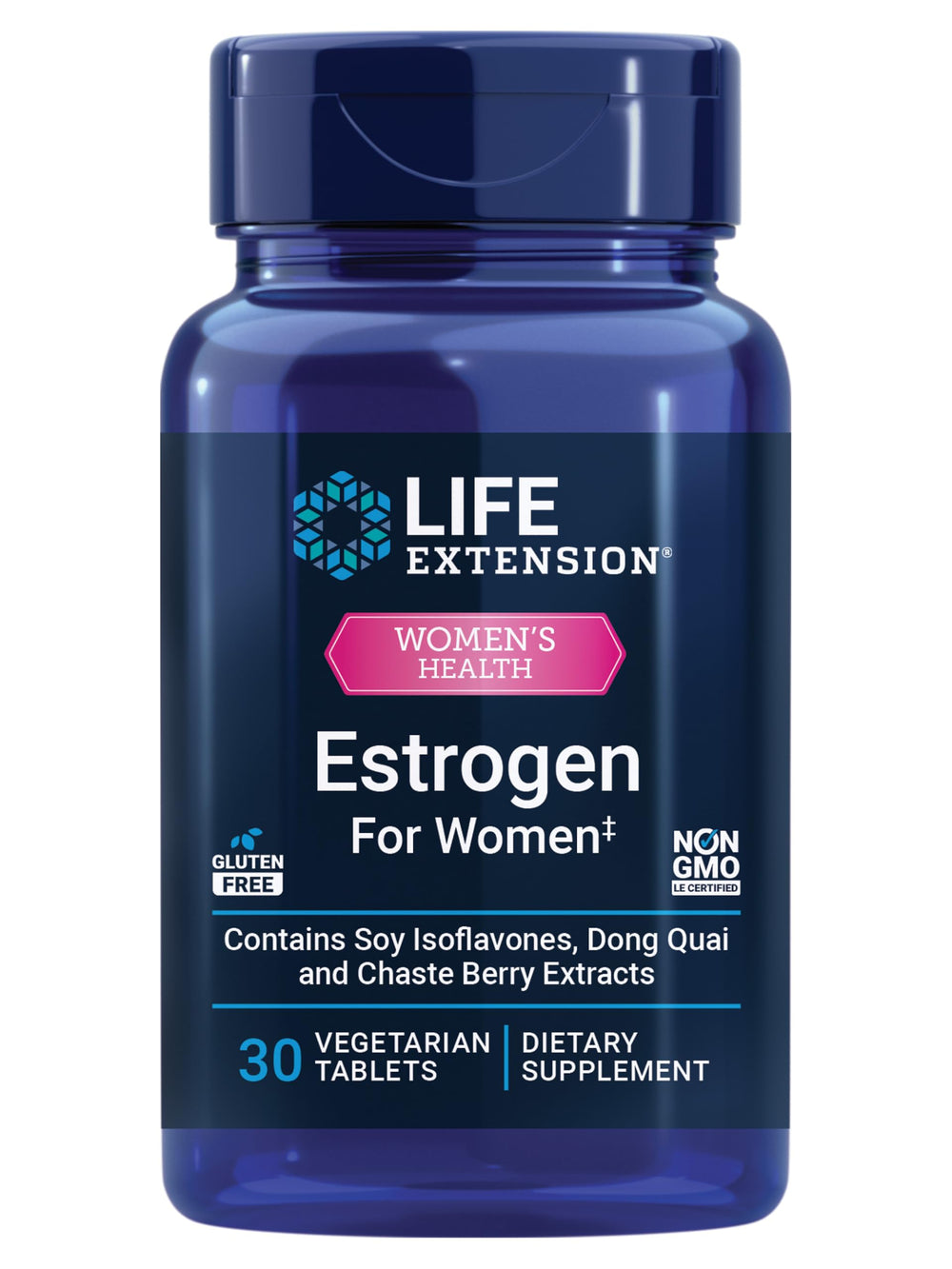 Life Extension Estrogen for Women bottle front displaying hormone-free menopause support.