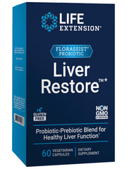 Life Extension FLORASSIST Liver Restore bottle showing liver support benefits