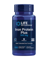 Life Extension Iron Protein Plus bottle front supports iron levels for healthy oxygen transport.