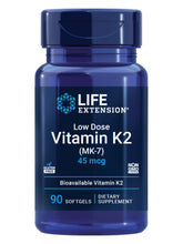 Life Extension low-dose vitamin K2 bottle with softgels for arterial health support.