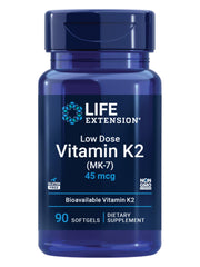 Life Extension low-dose vitamin K2 bottle with softgels for arterial health support.