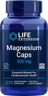 Life Extension Magnesium Caps 500mg bottle shows triple magnesium forms for bone and nerve support.