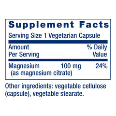 Life Extension Magnesium Citrate label closeup highlighting 100 mg magnesium per capsule.