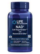 Life Extension NAD+ Cell Regenerator bottle front label shows NR and resveratrol emphasis for healthy aging.