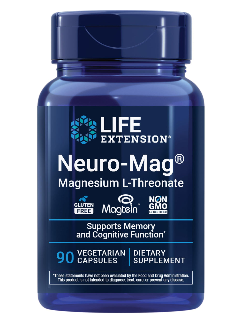 Life Extension Neuro-Mag bottle label highlights magnesium L-threonate for cognitive support