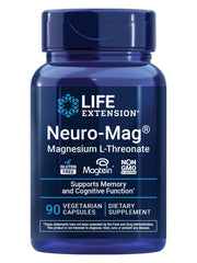 Life Extension Neuro-Mag bottle label highlights magnesium L-threonate for cognitive support