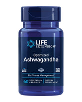 Life Extension Optimized Ashwagandha bottle showing stress support potential and focus.