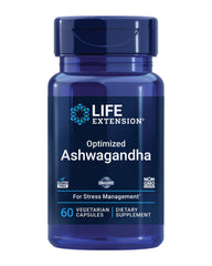 Life Extension Optimized Ashwagandha bottle showing stress support potential and focus.