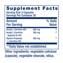 Life Extension Optimized Carnitine label detail showcases triple-form formula for energy support.
