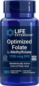 Life Extension Optimized Folate bottle front with vegetarian tablets.