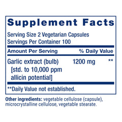 Life Extension Optimized Garlic label highlights non-GMO, gluten-free, USA-made quality.