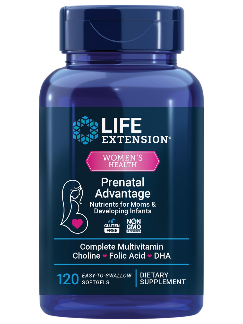 Life Extension Prenatal Advantage bottle with softgels for daily maternal support