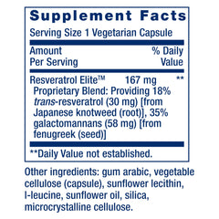 Life Extension Resveratrol Elite label close-up emphasizing trans-resveratrol