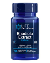 Life Extension Rhodiola bottle with capsules suggesting energy support on the go.