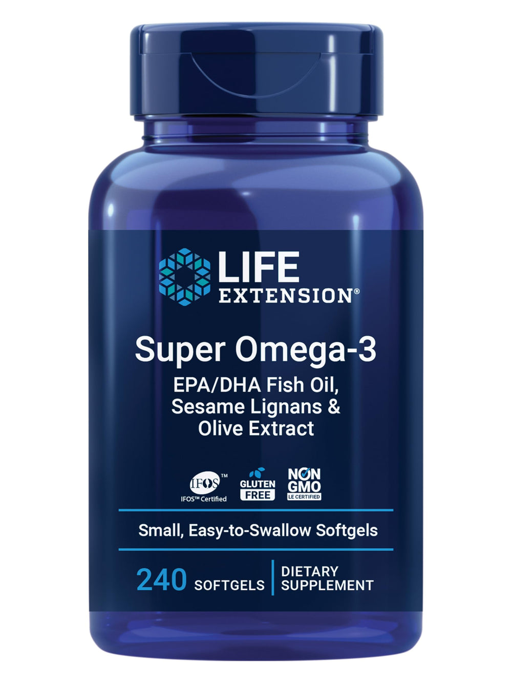 Life Extension Super Omega-3 bottle on display, supporting heart and brain health.