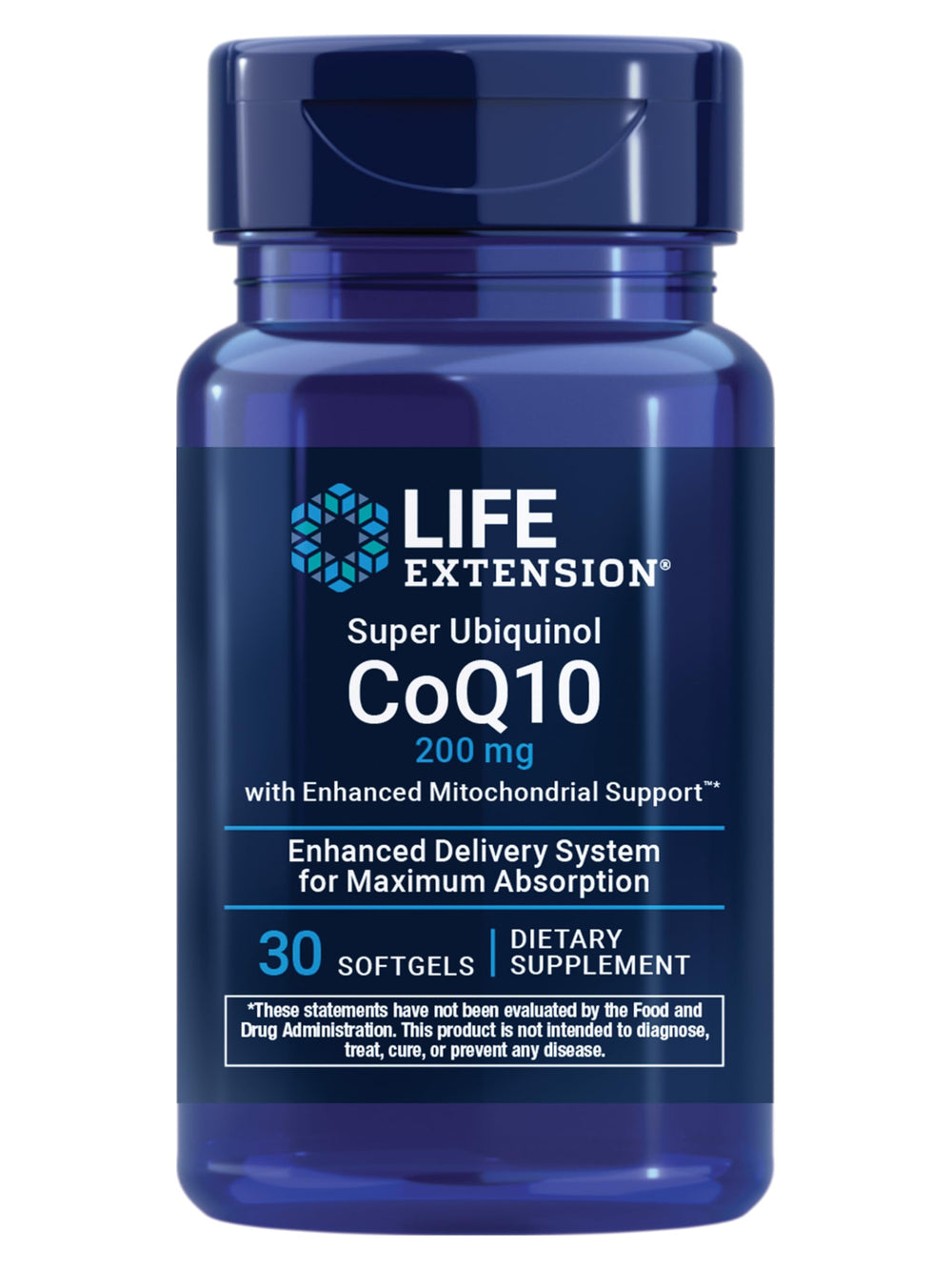 Life Extension Super Ubiquinol CoQ10 bottle front showing 30 softgels for daily energy support.