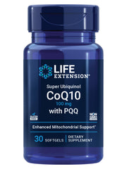 Life Extension Super Ubiquinol CoQ10 bottle label highlights bioavailable formula for heart support.